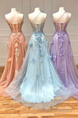 One Shoulder Floral Long Evening Prom Dress, Formal Graduation Evening Dress
