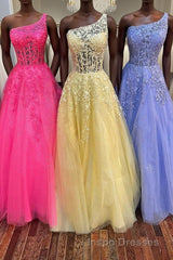One Shoulder Lace Long Evening Prom Dress, Lace Formal Evening Dress
