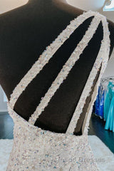 One Shoulder Mermaid Sequins Ivory Long Evening Prom Dress, Open Back Mermaid Ivory Formal Dress, Sequins Ivory Evening Dress