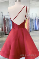 One Shoulder Open Back Burgundy Floral Short Evening Prom Dress, Wine Red Floral Formal Evening Homecoming Dress