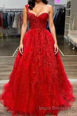 One Shoulder Red Lace Evening Prom Dress, One Shoulder Red Lace Formal Evening Dress