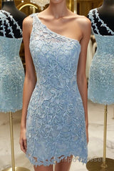One Shoulder Short Lace Evening Prom Dress, Short Lace Formal Homecoming Dress