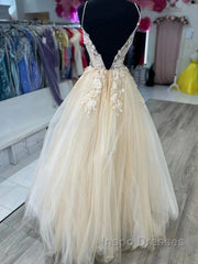 Open Back Appliques A Line V Neck Champagne Evening Prom Dress