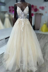 Open Back Appliques A Line V Neck Champagne Evening Prom Dress