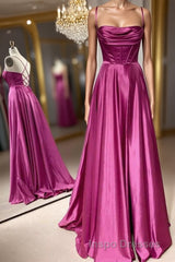 Open Back Fuchsia Satin Ruched Long Evening Prom Dress, Long Fuchsia Formal Graduation Evening Dress