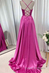 Open Back Fuchsia Satin Ruched Long Evening Prom Dress, Long Fuchsia Formal Graduation Evening Dress