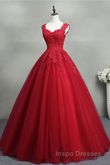 Open Back Red Lace Long Evening Prom Dress, Red Lace Formal Evening Dress, Red Ball Gown