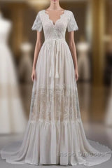 Open Back Short Sleeves V-Neck  Lace Beach Wedding Dress
