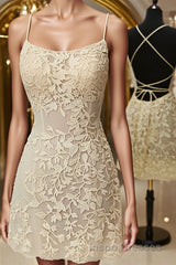 Open Back Short Yellow Lace Evening Prom Dress, Short Backless Yellow Lace Formal Homecoming Dress