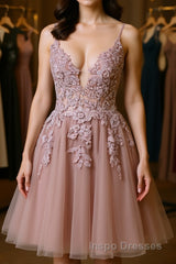 Open Back V Neck Pink Lace Appliques Evening Prom Dress, Pink Lace Homecoming Dress, Short Pink Formal Graduation Evening Dress