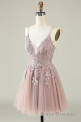 Open Back V Neck Pink Lace Appliques Evening Prom Dress, Pink Lace Homecoming Dress, Short Pink Formal Graduation Evening Dress