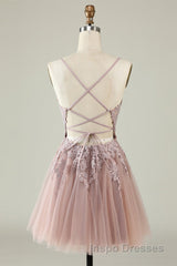 Open Back V Neck Pink Lace Appliques Evening Prom Dress, Pink Lace Homecoming Dress, Short Pink Formal Graduation Evening Dress