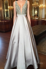 Pearl Beaded V Neck Long Silver Satin Evening Prom Dress Floor Length
