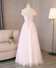 Light Pink Lace Off Shoulder Lonng Evening Prom Dress, Pink Evening Prom Dress