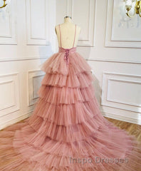 Blue V Neck Tiered Sleeveless Tulle Evening Prom Dress, Gorgeous Long Party Dress