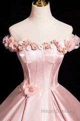 Pink A-Line Off Shoulder Satin Long Evening Prom Dress, Beautiful A-Line Off The Shoulder Party Dress