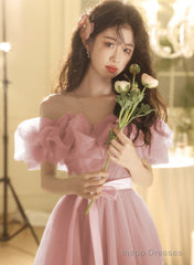 Pink A-line Off Shoulder Tulle Party Dress, Pink Tulle Prom Dress