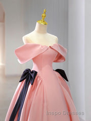 Pink A-Line Satin Off Shoulder Long Evening Prom Dress, Pink Formal Evening Dress