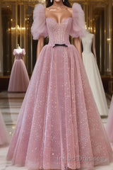 Pink A-line tulle lace long Evening Prom Dress, pink lace formal Dress