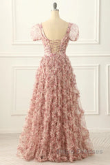 Pink A-Line Tulle Pleated Floral Long Evening Prom Dress Adult Ceremony Graduation Evening Prom Dress