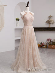 Pink Beaded Tulle Halter Long Formal Dress Evening Dress, Pink Long A-line Party Dress