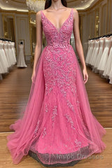 Pink Corset Evening Prom Dress Elegnat A Line Deep V Neck Party Evening Dress with Appliques