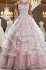 Pink high neck tulle lace long Evening Prom Dress, pink sweet 16 Dress