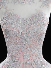Pink high neck tulle lace long Evening Prom Dress, pink sweet 16 Dress