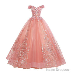 Pink Lace Flower Off Shoulder Sweet 16 Dress, Pink Long Prom Dresses Quinceaner Dress