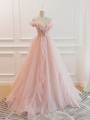 Pink Off Shoulder Tulle Long Prom Dress, Pink A line Tulle Graduation Dress