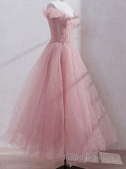 Pink off shoulder tulle sequin long Evening Prom Dress, pink formal Dress