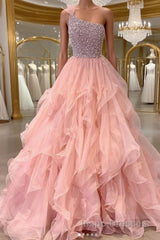 Pink one shoulder beads long Evening Prom Dress pink evening Dress