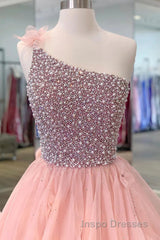 Pink Evening Prom Dress A Line One Shoulder Long Party Evening Dress with Beading Ruffles