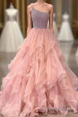Pink Evening Prom Dress A Line One Shoulder Long Party Evening Dress with Beading Ruffles