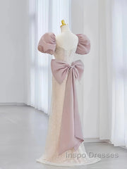 Pink Puffy Sleeves Trumpet Mermaid Sequin Evening Prom Dress