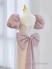 Pink Puffy Sleeves Trumpet Mermaid Sequin Evening Prom Dress