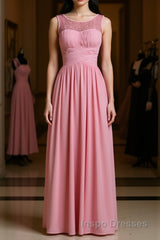 Pink round neck tulle lace long Evening Prom Dress, pink lace bridesmaid Dress