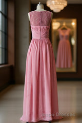 Pink round neck tulle lace long Evening Prom Dress, pink lace bridesmaid Dress