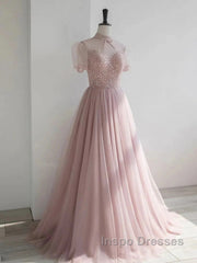 Pink Round Neck Tulle Sequin Long Evening Prom Dress Formal Dress Short Sleeves December Wedding Guest Dress