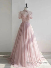 Pink Round Neck Tulle Sequin Long Evening Prom Dress Formal Dress Short Sleeves December Wedding Guest Dress