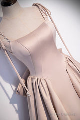 Pink Satin Long A-Line Prom Dress, Cute Spaghetti Strap Evening Dress with Bow
