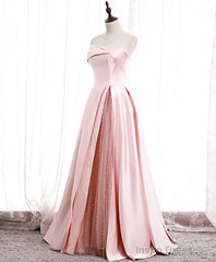 Pink Satin Long Party Dress with Pearls, Floor Length Party Dres Wedding Party Dress