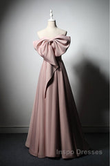 Pink Satin With Bow A-Line Long Evening Prom Dress, Pink Satin Formal Dress Party Dress