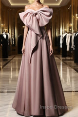 Pink Satin With Bow A-Line Long Evening Prom Dress, Pink Satin Formal Dress Party Dress