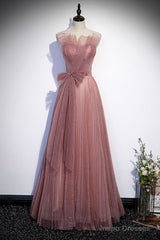 Pink Shiny Tulle Long A-Line Prom Dress, Lovely Strapless Evening Dress