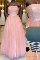 Pink tulle A-line long Evening Prom Dress tulle formal Dress