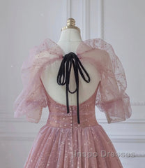 Pink Tulle Beautiful Puffy Sleeves Long Evening Prom Dress, Pink A-Line Evening Dress