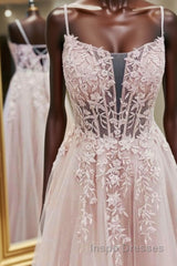 Pink tulle lace A line long Evening Prom Dress, pink lace evening Dress
