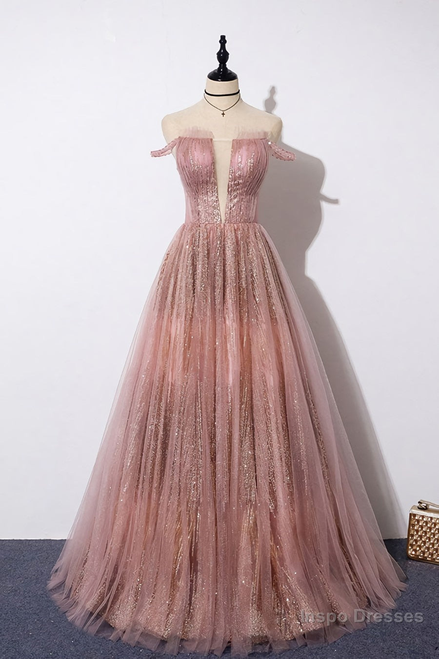 Pink tulle lace long prom dress pink tulle formal dress