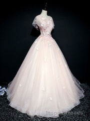 Pink tulle lace long Evening Prom Dress, pink tulle lace evening Dress